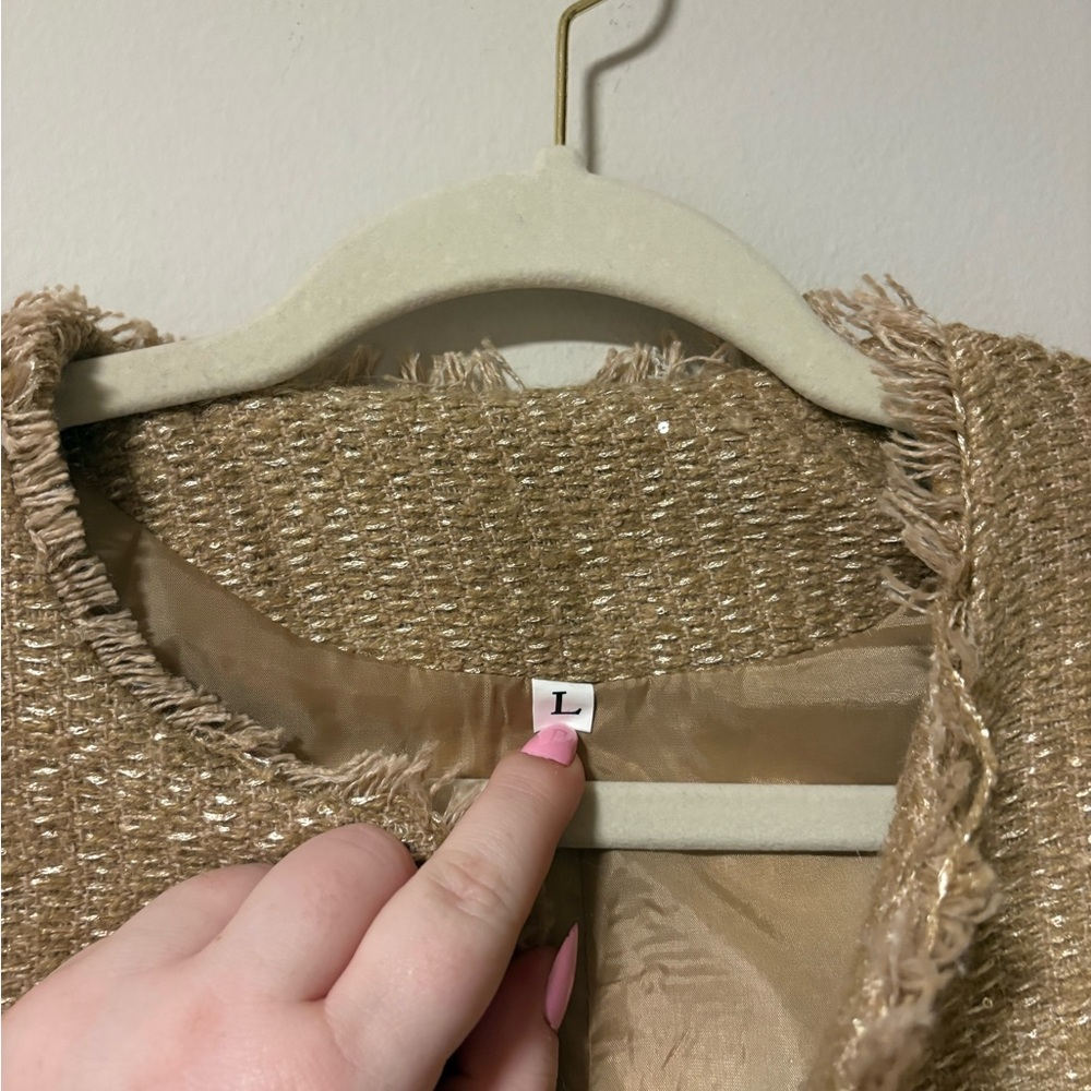 Women’s Beige Tweed Blazer Jacket Large - Picture 5 of 8